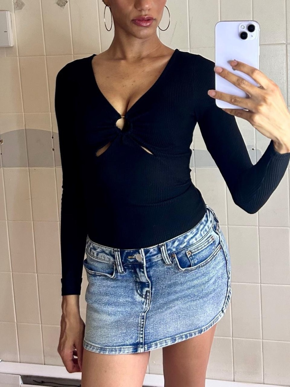 Minkpink Black Ribbed O-Ring Cutout Top